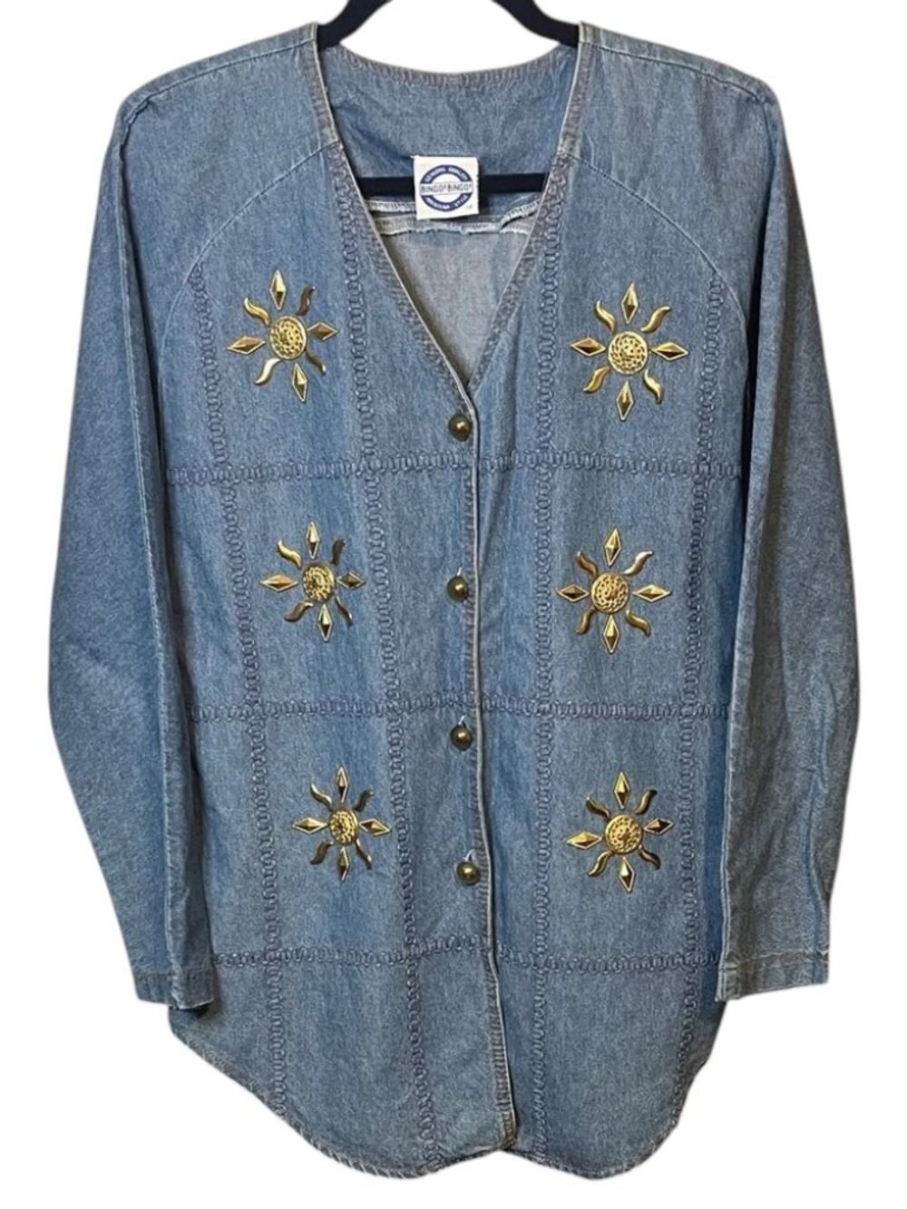 Bingo! Bingo! Vintage Denim Jacket Cardigan Coatigan with Gold Accents, Size 10